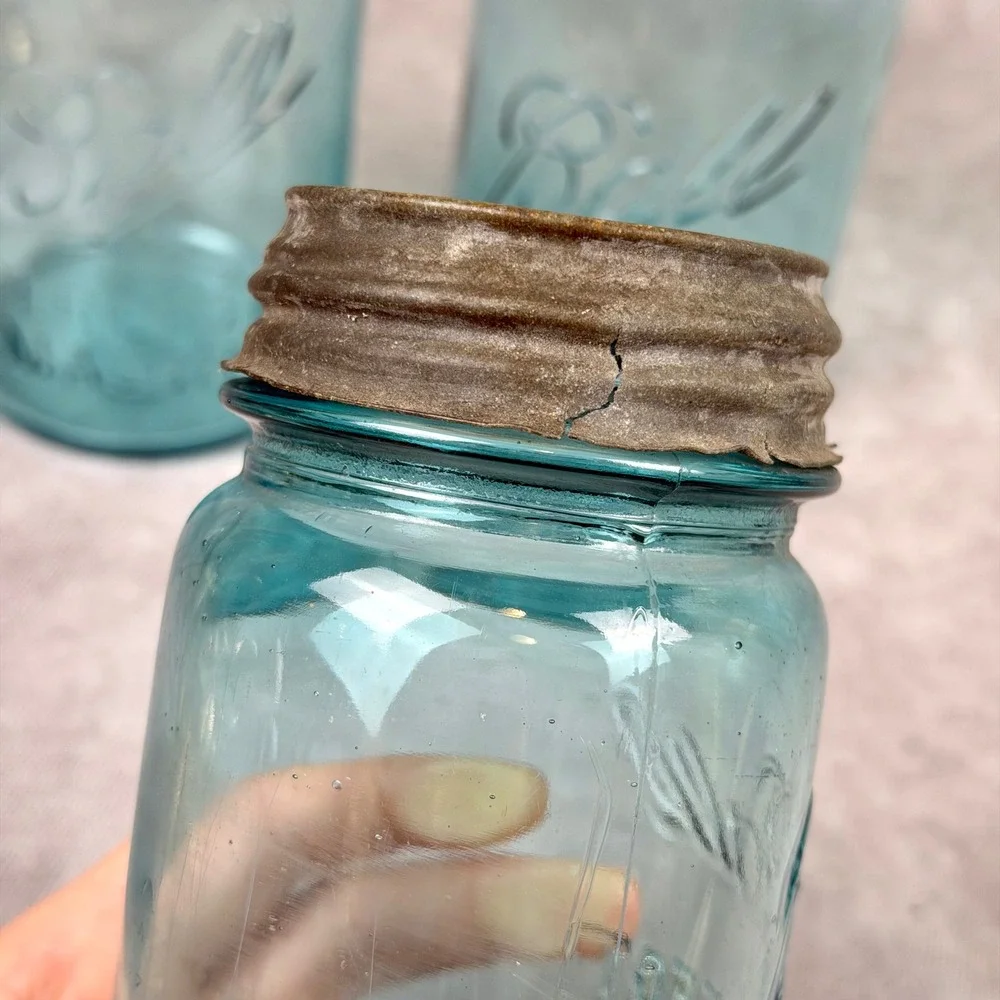 Vintage Ball Perfect Mason Jars Aqua Blue Glass Set of 3 Zinc Lids Antique Decor